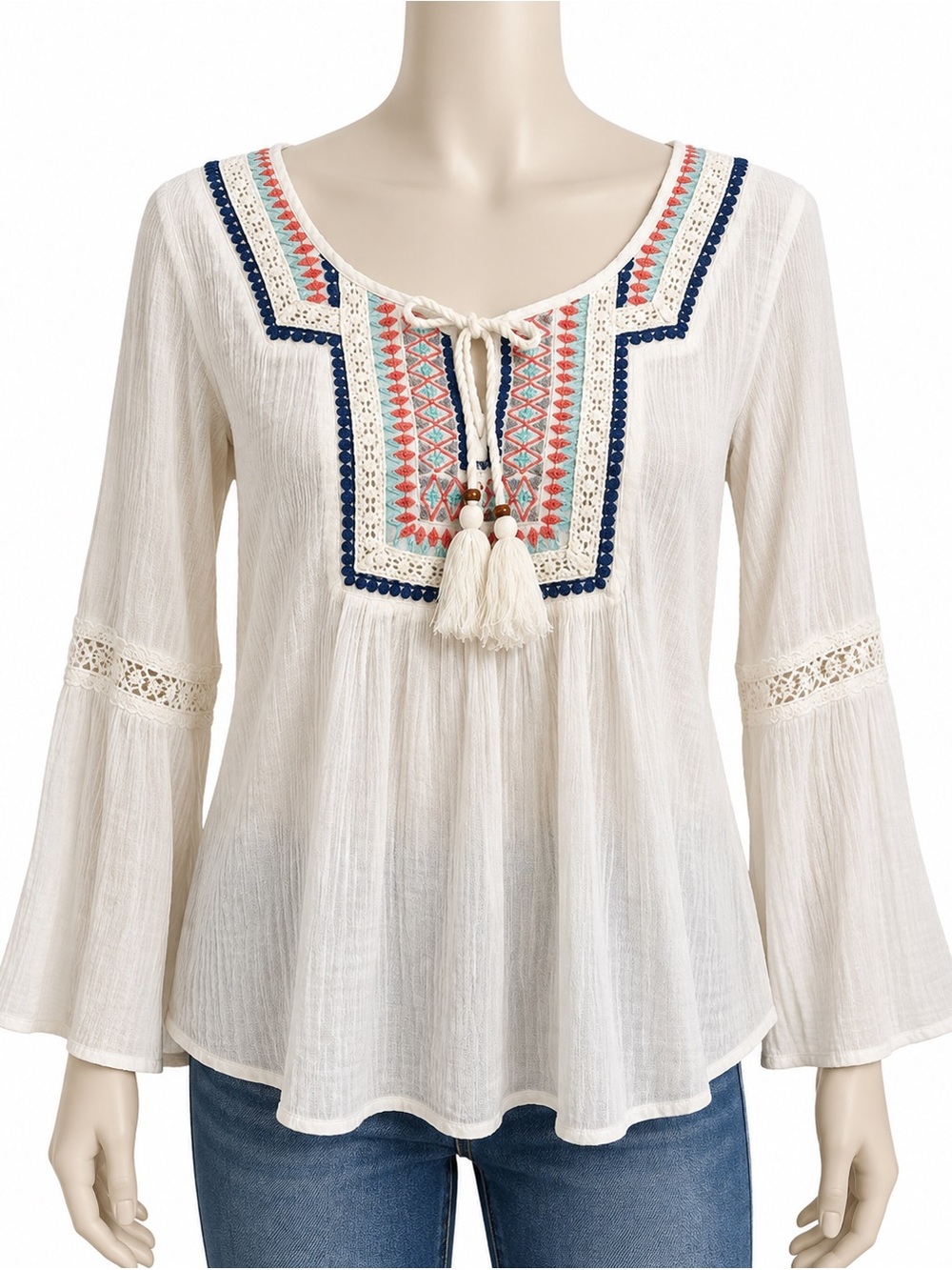Billabong Womens White Cotton Gauze Boho Embroidered Crochet Bell Sleeve Top L